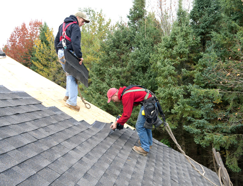 2 Harnessed roofers installing shingles to a roof